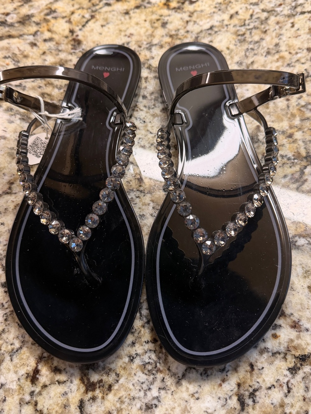 Swarovski Black Jeweled T-Strap Sandals from Ravello Italy.